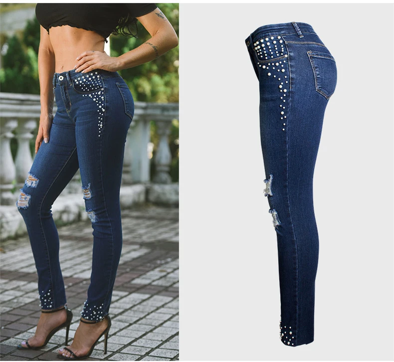 European station Europe and the United States new hole pearl cat toe cowboy high waist pants feet beaded straight jeans (7)