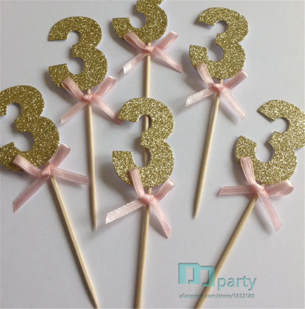 

Gold Glitter Number Three Cupcake Toppers with Pink Bow, Gold 3rd Birthday Cake Toppers, Wedding Anniversary Cake Toppers