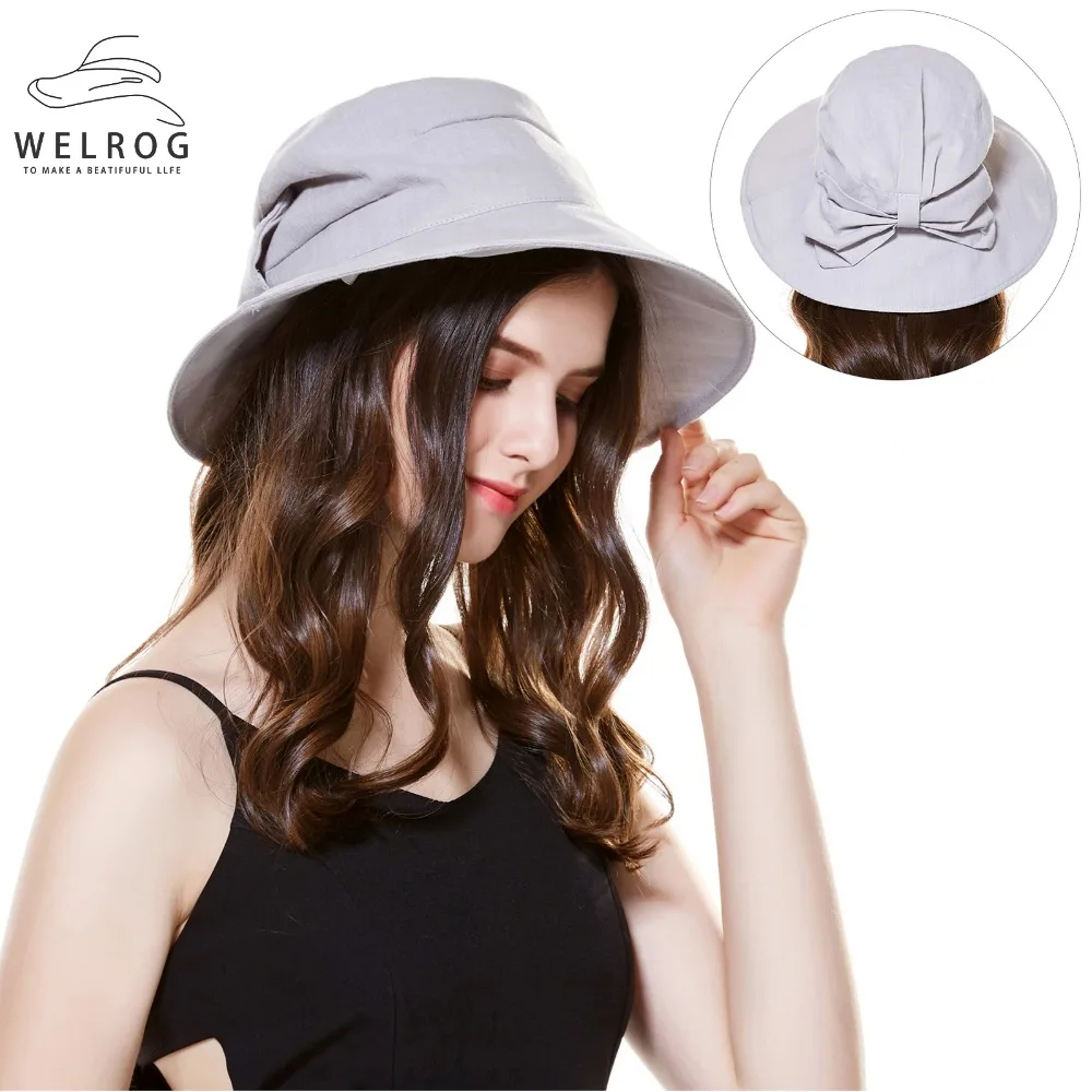 WELROG осень Bucket Hat для Для женщин Сплошной Цвет бантом Рыбак Шапки складной большой поля Шапки открытый солнцезащитный крем анти-УФ шапки