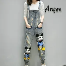 Новая весенняя мода тяжелой промышленности Для женщин джинсы с жемчугом мультфильм печати мыть винтажный комбинезон женский комбинезон комбинезоны z472