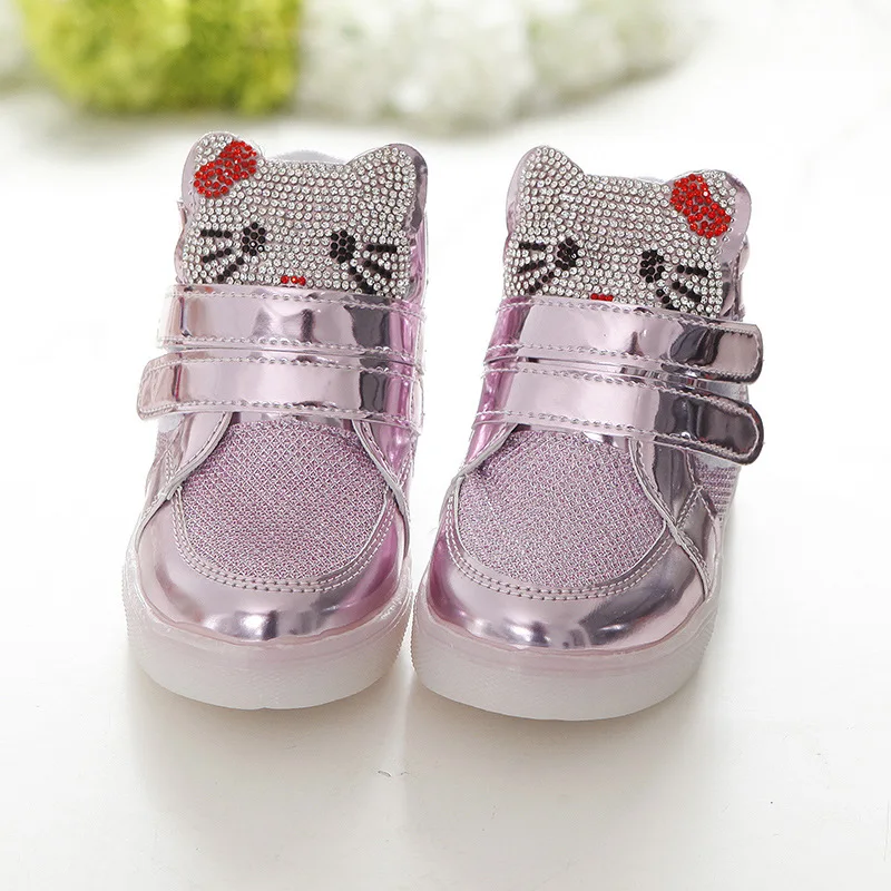 2016 New Hot Children's Shoes Spring Hello Kitty Rhinestone LED Shoes