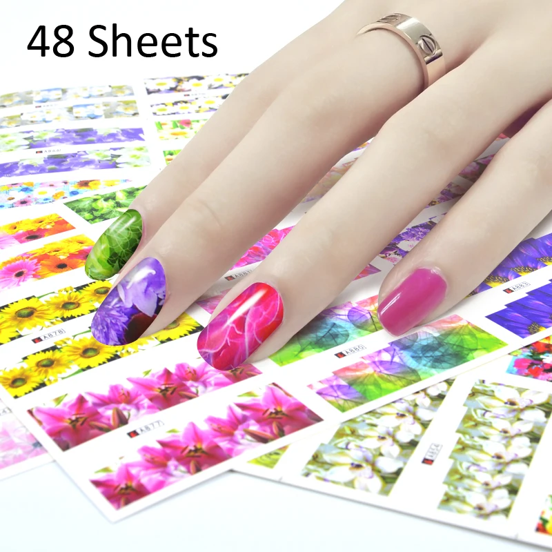 48 листов 3D Цветочные наклейки для ногтей переводные наклейки романтическая Красочная картина украшения для ногтей для женщин сделай сам