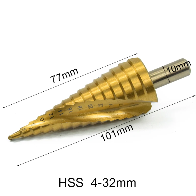 

1pc 4-32mm Titanium Coated Step Drill Bits Spiral Hole Drill for Wood/Metal Core Drill Bit Triangle Shank Cone Drill Bit