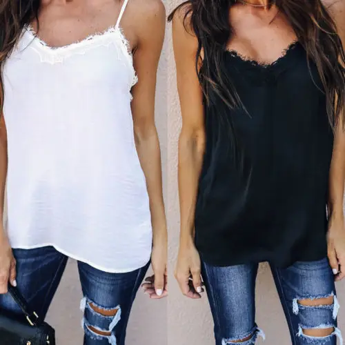 

Women Summer Lace Patchwork Tops Tee Shirt Casual Sleeveless V neck Strap Solid Tops T-Shirt