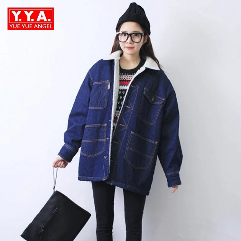 

2017 Harajuku New Arrival Fashion Womens Parkas Single Breasted Long Sleeve Casual Winter Coats Female Fur Lining Jean Overcoats