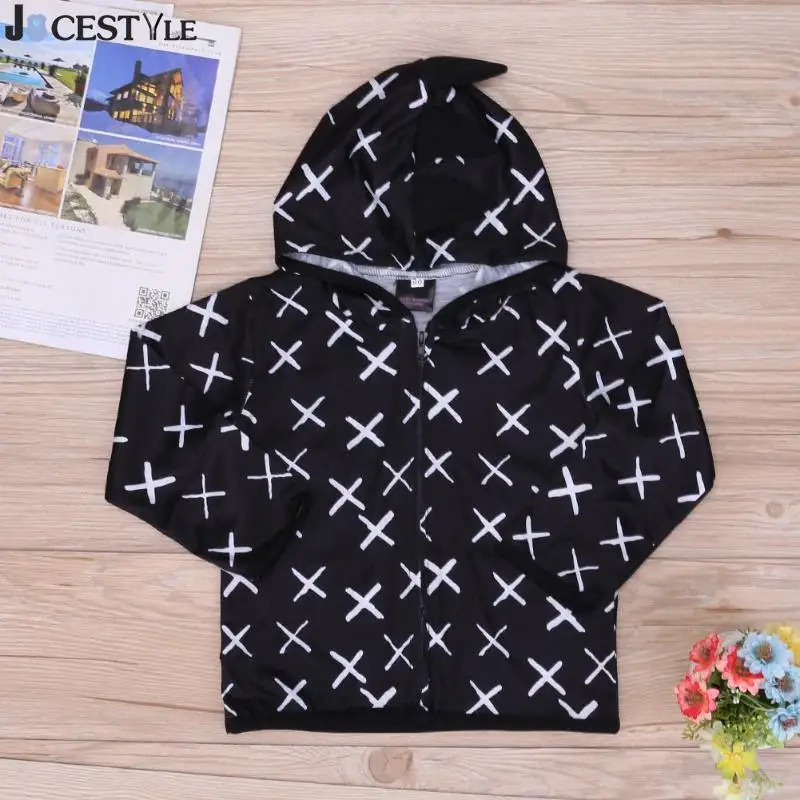 

JOCESTYLE Fashion Jacket Kids Clothes Cartoon Dinosaur Pattern Cross Print Autumn Hooded Coat Jacket Children Clothing Outwear