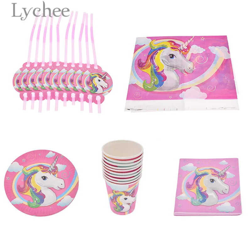 

Lychee 81pcs Rainbow Unicorn Tableware Sets Cartoon Paper Plates Cups Tableware Baby Shower Birthday Party Supplies
