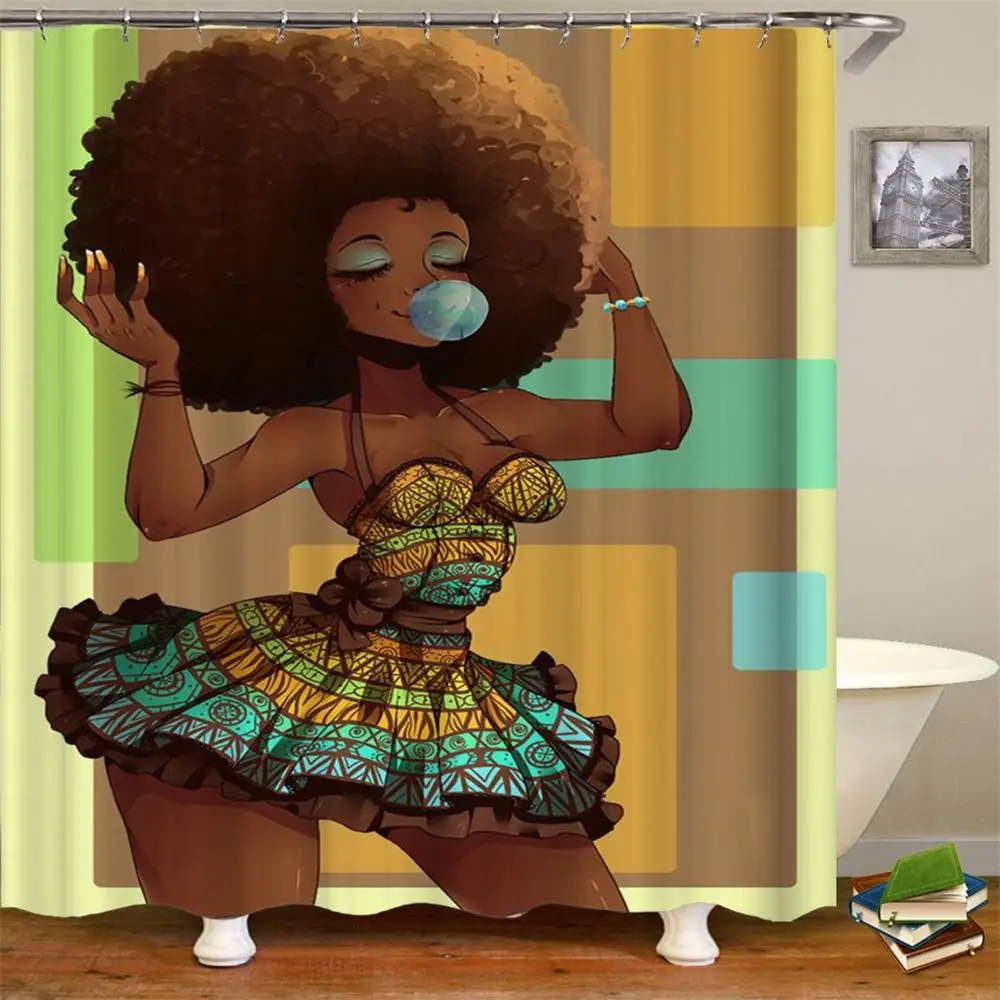60/72" Afro Hairstyle Woman Waterproof Fabric Bathroom Shower Curtain&Mat&Hooks 