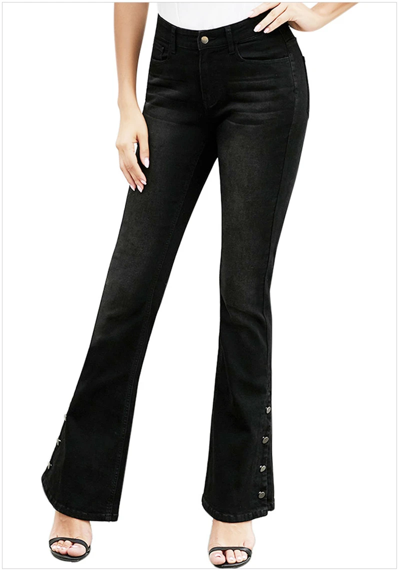 Винтажные джинсы с высокой талией и боковой пуговицей, с колокольчиком, для женщин, элегантные женские джинсы с высокой посадкой, широкие расклешенные джинсы, джинсовые брюки