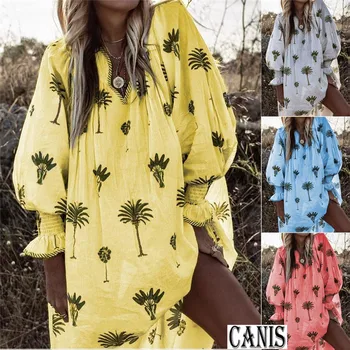 

Palm Leaf Print Beach Dress Women Boho Long Sleeve Beach Dresses For Women Bikini 2019 Summer Sun Protection Dress Tunic Vestido