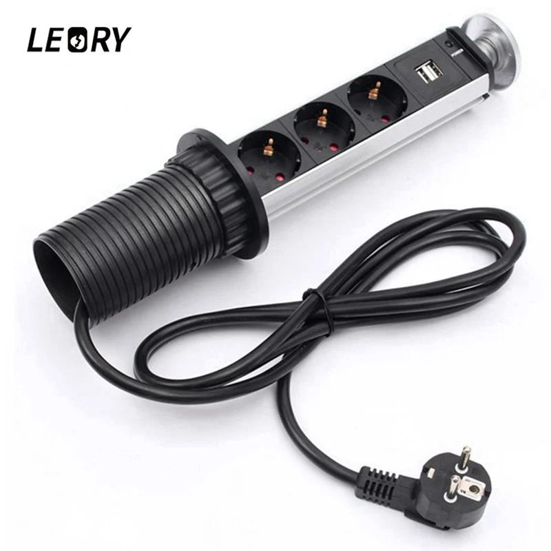 

LEORY Kitchen Table Up EU Plug Electrical Sockets Outlet Aluminum Shelf Electrical Socket 3/4/5/6 EU Plugs Mains And 2 USB