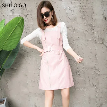 

SHILO GO Leather Dress Womens Spring Fashion sheepskin genuine leather dress spaghetti strap rivet belt zipper locomotive dress