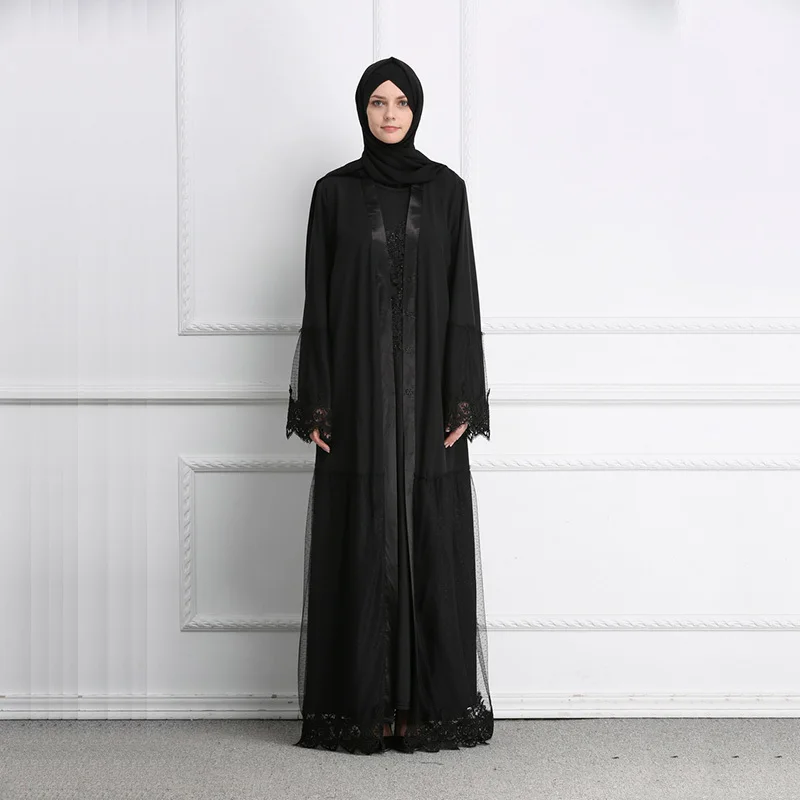 Muslim Lace Abaya Grenadine Black Full Dresses Cardigan Kimono Long Robe Gowns Jubah Middle East Ramadan Arab Islamic Clothing |