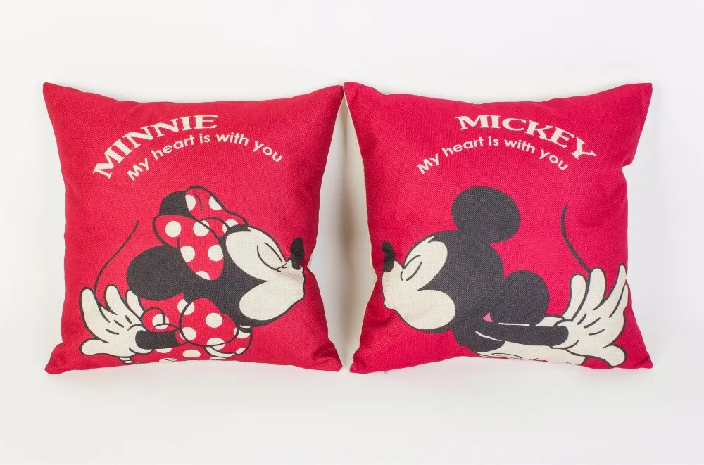 1 пара, льняная наволочка с изображением Микки и Минни Микки Мауса, наволочка, 45x45 см