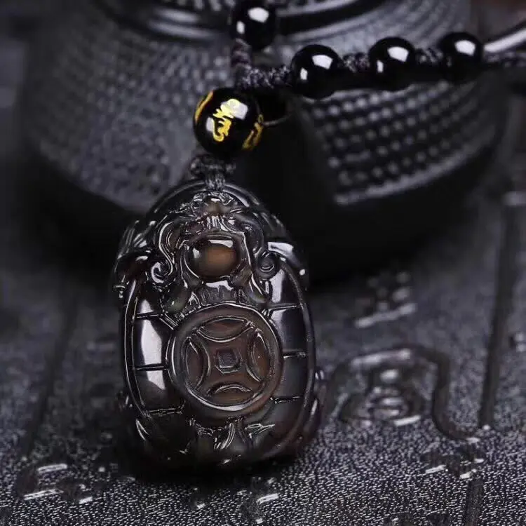 

Natural obsidian hand carved dragon turtle xuanwu Amulet Lucky pendant Necklace
