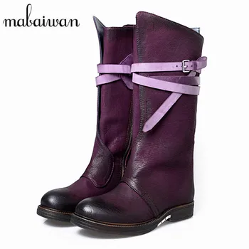 

Mabaiwan Vintage Purple Women Knee High Boots Gladiator Riding Boot Women Genuine Leather Botas Militares Flat Botines Mujer