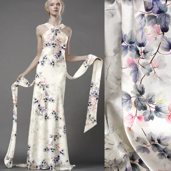

118CM Wide 19MM 93% Silk & 7% Spandex Floral Print Stretch Silk Satin Fabric for Summer Dress Clothes Cheongsam D1062