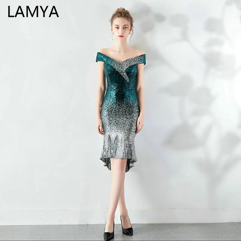 

LAMYA High Low Sequined Cocktail Dress Elegant Contrast Color Evening Party Dresses Mermaid Prom Dress Special Occasion Dresses