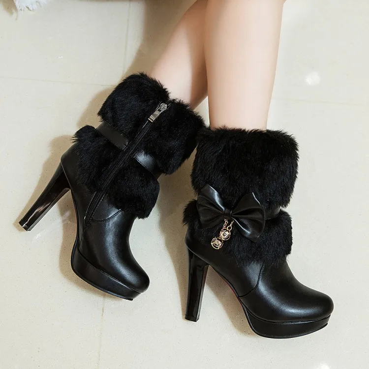 Women Boots Autumn Winter Warm Fur New Sweet Pu Butterfly-knot Mid-calf Snow Boots Black Pink White High-heeled Shoes MAZIAO