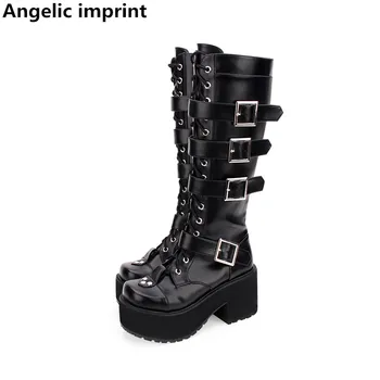 

Angelic imprint mori girl Women motorcycle punk boots lady lolita shoes woman princess high heels dress pumps buckles rivet 8cm