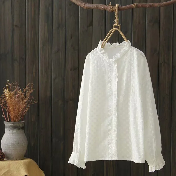 100 cotton Women White Shirt Ruffled Collar Plus Size Women Work