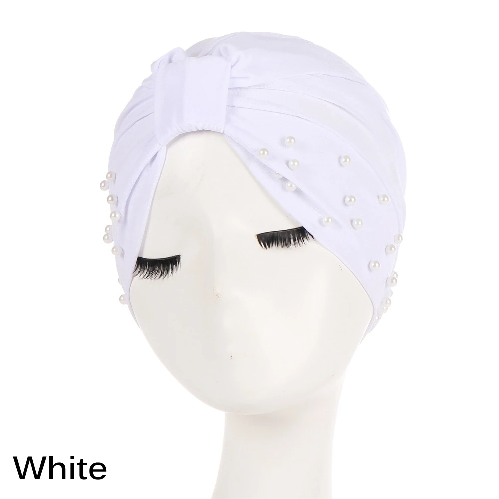 1 шт. однотонная модная женская хлопковая бисероплетенная индийская гофрированная эластичная чалма мусульманская шапка после химиотерапии Шапка; тюрбан мягкий колпак для сна Beanie Hijabs - Цвет: white