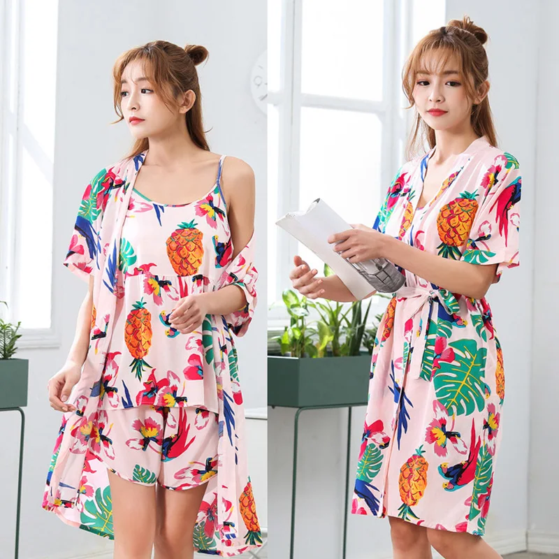 

3 Pieces Women Summer Nightgown Set Bourette Cotton Robe Vest Short Pants Pajamas Nighty Homewear