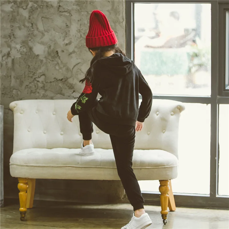 spring autumn winter hooded velour kids girl clothes coats pants sets sports little big girls clothing sets spring autumn 2017 black tops and pants  4 5 6 7 8 9 10 11 12 13 14  years old little big teenage girls set girl 2017 child girl set  (6)