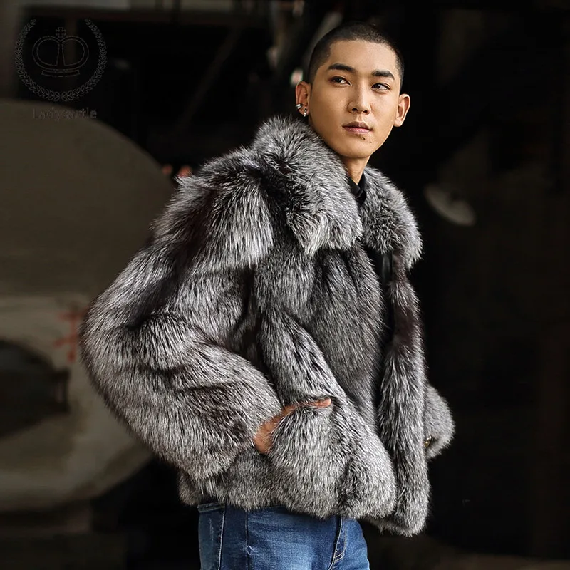 

Real Natural Sliver Fox Fur Coat Men 2018 New Luxury Male Fur Jacket Genuine Thick Warm Winter Fashion Pelt Fox Fur Coat FM-011