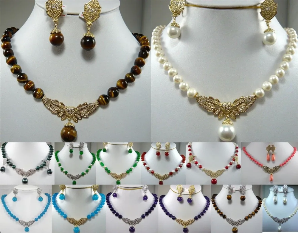 

FREE SHIPPING ddh001362 14 color-blue/green/red Iab /white pearl/stone necklace pendant clip earring set can choose