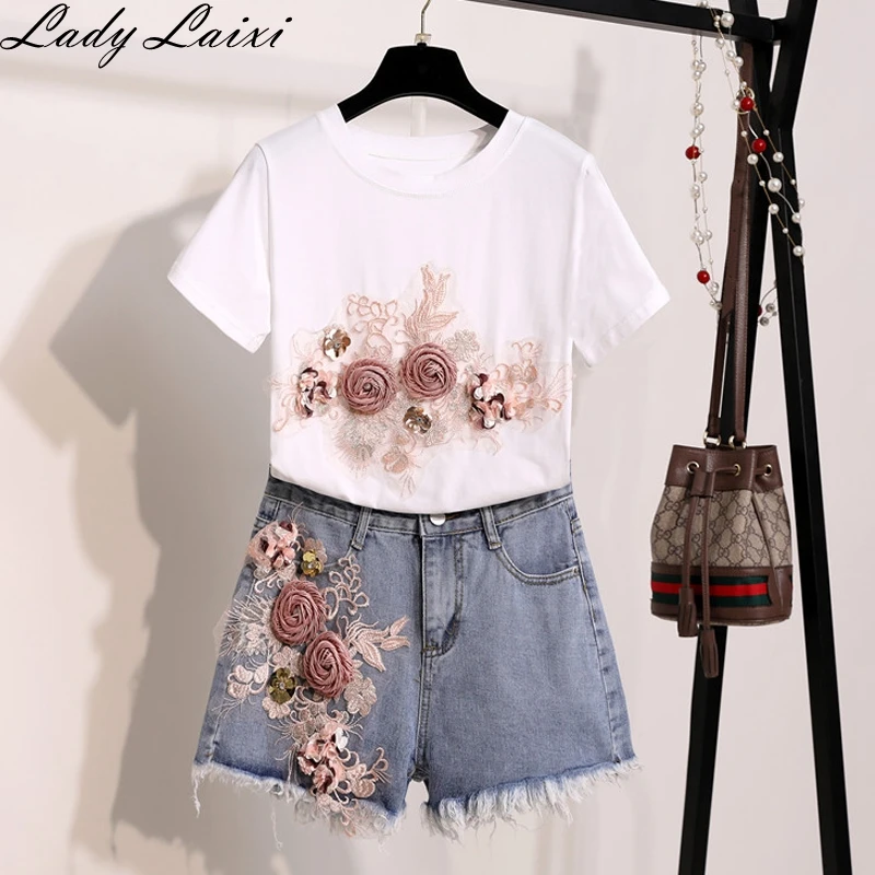 

Women 2019 2Pcs Summer Stylish Embroidery 3D Flower Short Sleeved Tshirt+Heavy Work Jean Rippered Denim Shorts Suit