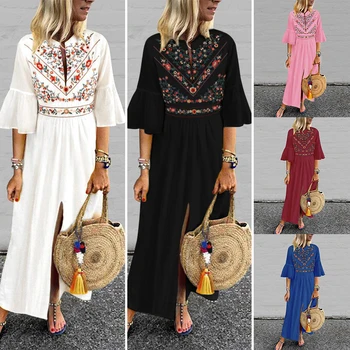 

Paris Girl Bohemian Women Vintage Print Dress VONDA Sexy V Neck Ruffle Sleeve Split Maxi Long Dresses Plus Size Casual Loose