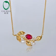 Caimao Jewelry 14kt желтое золото природных 0.51ct ruby с жемчугом и бриллиантами Обручение цепи кулон