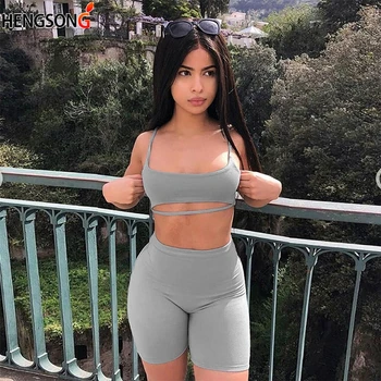 

2018 Summer Women Suit Two 2 Piece Set Sleeveless Spaghetti Straps Sexy Casual Sporting Suit Set Solid Shorts Pants Tracksuit