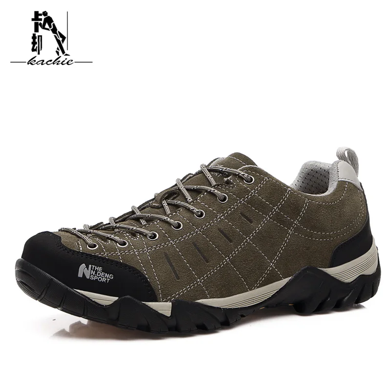 KACHIE Men Hiking Shoes Real Leahter Outdoor Shoes Waterproof Breathable Nubuck Trekking Shoes Mountain Climbing Sport Shoes