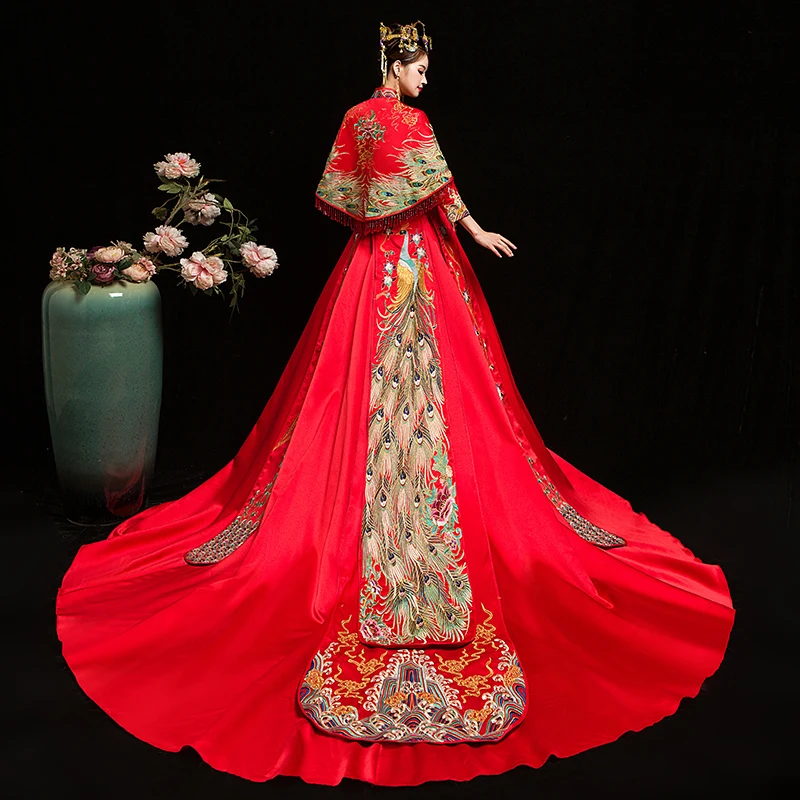 Свадебное платье невесты Традиционный китайский стиль костюм Феникс cheongsam вышивка костюмы роскошные древний Королевский красный Qipao