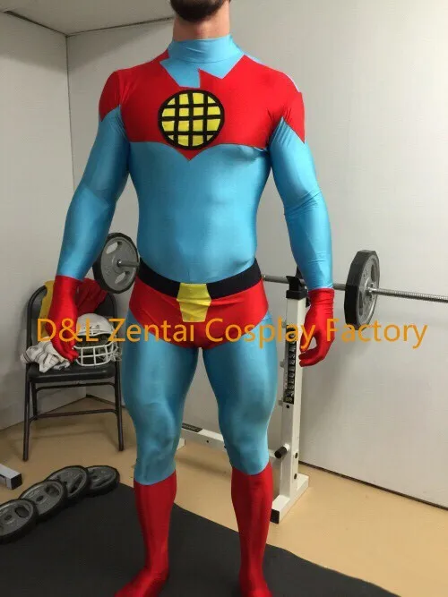 Free Shipping DHL 2015 Super Hero Blue & Red Captain Planet Superhero Costume Lycra Spandex Zentai Suit For Halloween SH1432 (1)