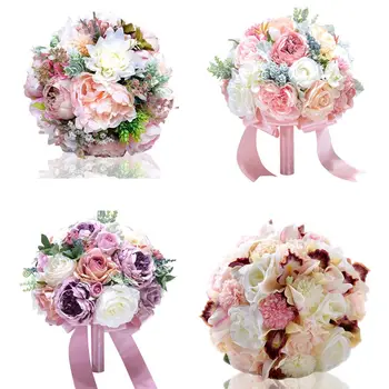 

European Style Artificial Peony Rose Bride Bridesmaid Holding Flower Bouquet Colorful Satin Ribbon Bowknot Wedding Party Decor