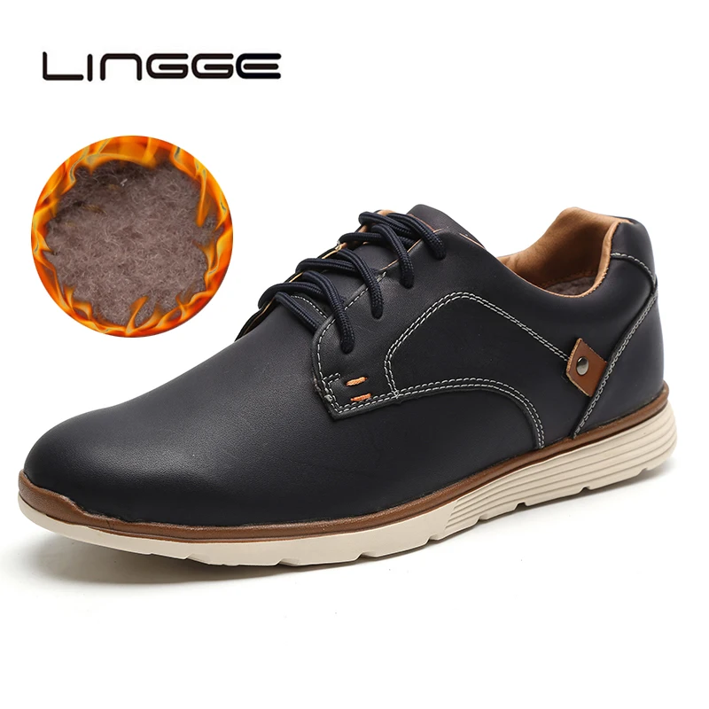 

LINGGE 2018 Winter Fashion Leather Men Boots Men Ankle Plush Boots Casual Men Leather Moccasin Warm Fur Snow Boots