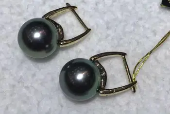 

free shipping 10-11mm tahitian black green round pearl earring 18k