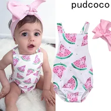 Летний милый детский комбинезон с повязкой-бантом для маленьких девочек, наряды с принтом арбуза, пляжный костюм, новая детская одежда для детей 0-24 месяцев