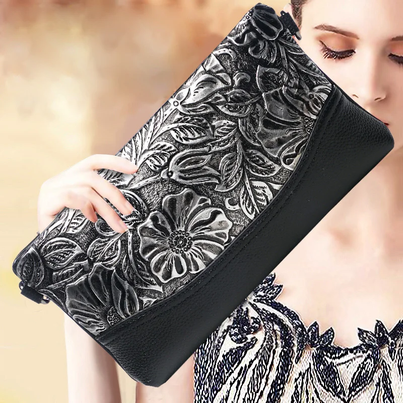 Women Genuine Leather Alligator Embossed Wristlet Hand Clutch Bag Female Lady Mini Envelope Bags