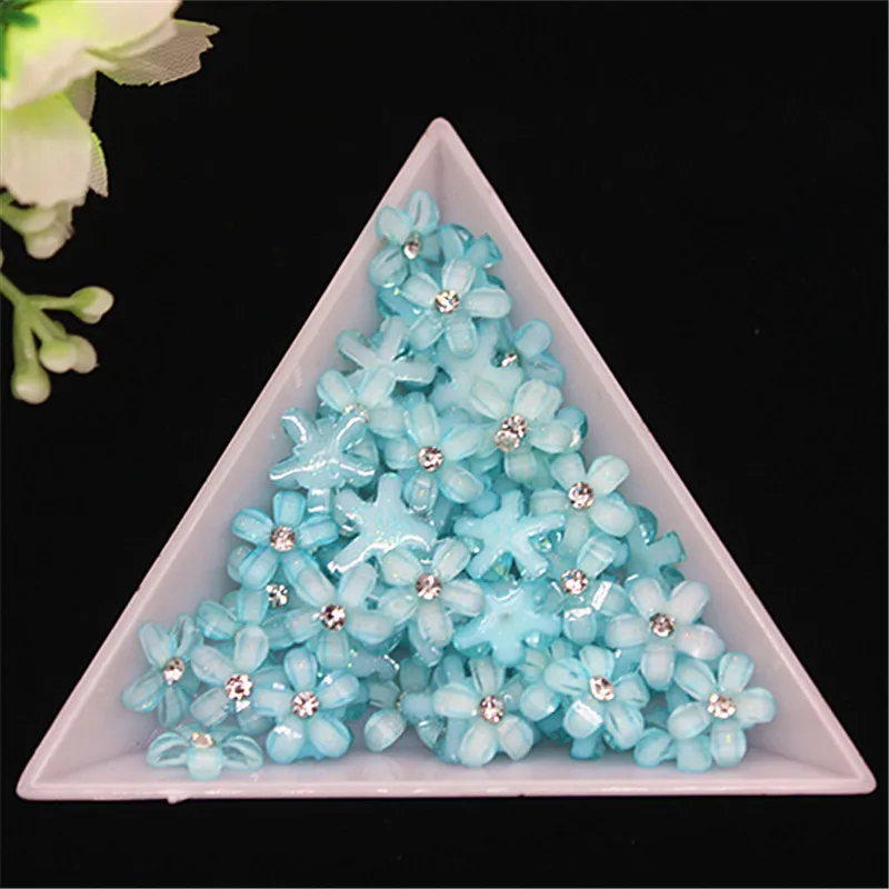 

100pcs 10mm cute acid blue resin flower with rhinestone flatback cabochon for DIY phone,nail art decoration