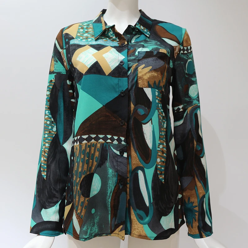 Женские шифоновые блузки с длинным рукавом, отложным воротником, Офисная рубашка, блуза с геометрическим принтом, свободные повседневные топы, большие размеры, сорочка