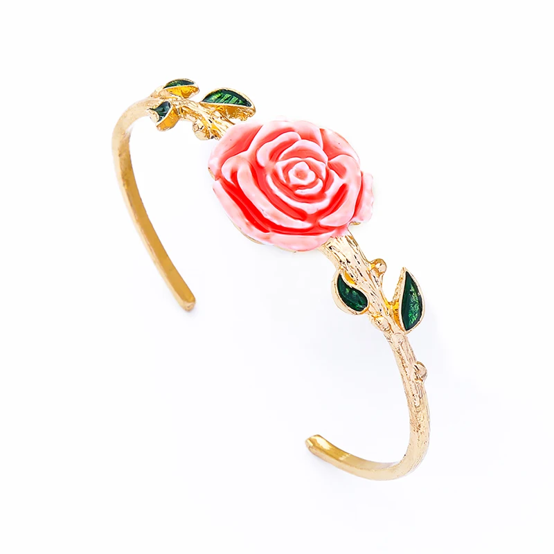 Retro Gold Color Cuff Bangles For Women Charm Resin Enamel Red Rose