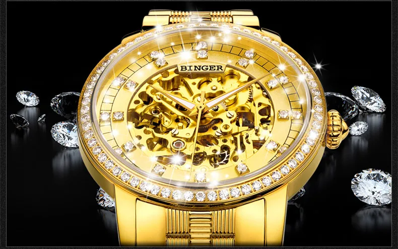 Роскошные золотые для женщин браслет часы 316L сверкающие кристаллы для мужчин платье наручные часы Полный сталь Скелет часы сапфир