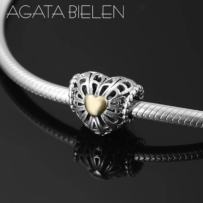 New 925 Sterling Silver hollow out flower DIY gold heart fine beads Fit Original Pandora Charm Bracelet Jewelry making | Украшения и