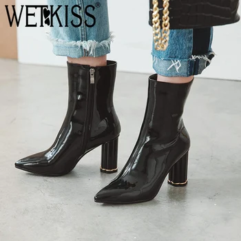 

WETKISS Mirror Pu Women Ankle Boots Pointed Toe Footwear Transparent Unusual High Heels Female Boot Party Shoes Woman Winter New