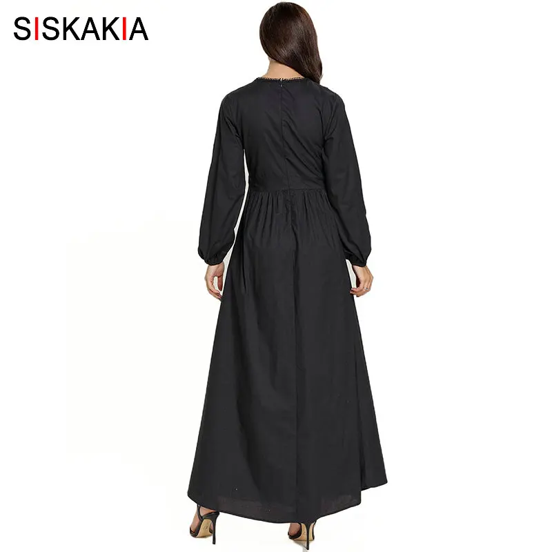 Siskakia повседневное мусульманское длинное платье в этническом стиле с v-образным вырезом и длинным рукавом, Цветочная вышивка, макси платья черного цвета, большие размеры, Арабская одежда