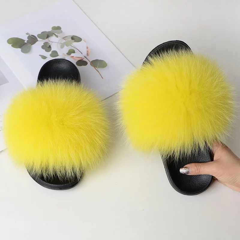 winter indoor slippers Women Summer Casual Fluffy Slippers With Fur Flat Non-Slip Real Fox Fur Furry Slides Large Size Shoes Fur Sandals Free Shipping best indoor sandals Indoor Slippers